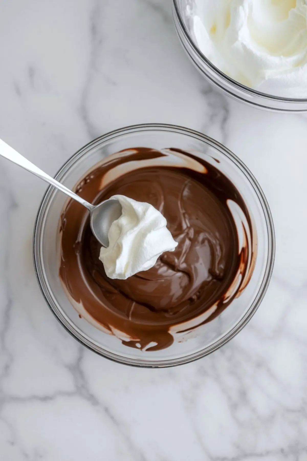 A spoonful of whipped cream being added to a bowl of melted chocolate, with an additional bowl of whipped cream in the background on a marble counter.

