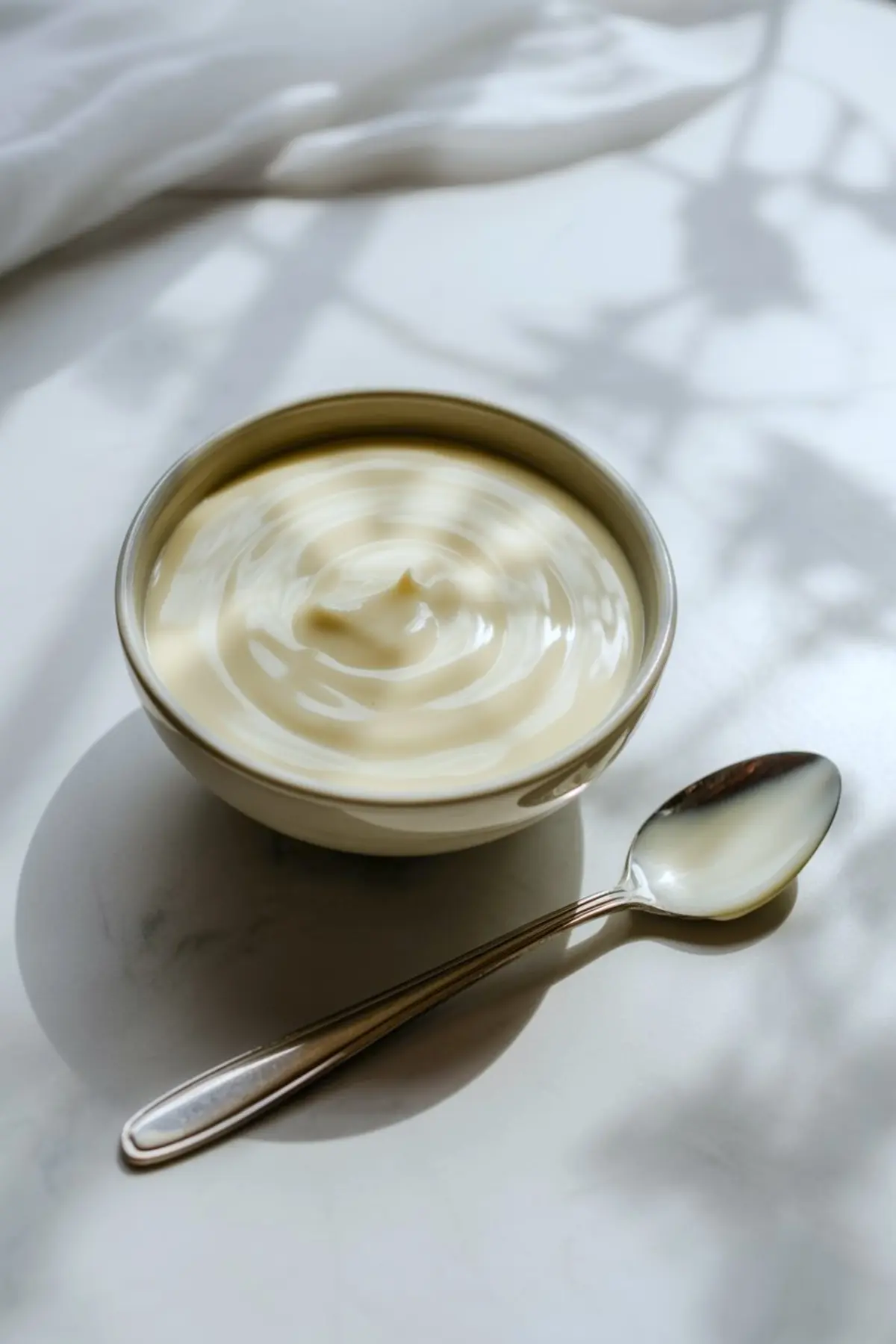 Bowl of silky vanilla custard cream with a smooth swirl pattern on top, styled with a spoon on a bright marble surface with soft natural shadows.