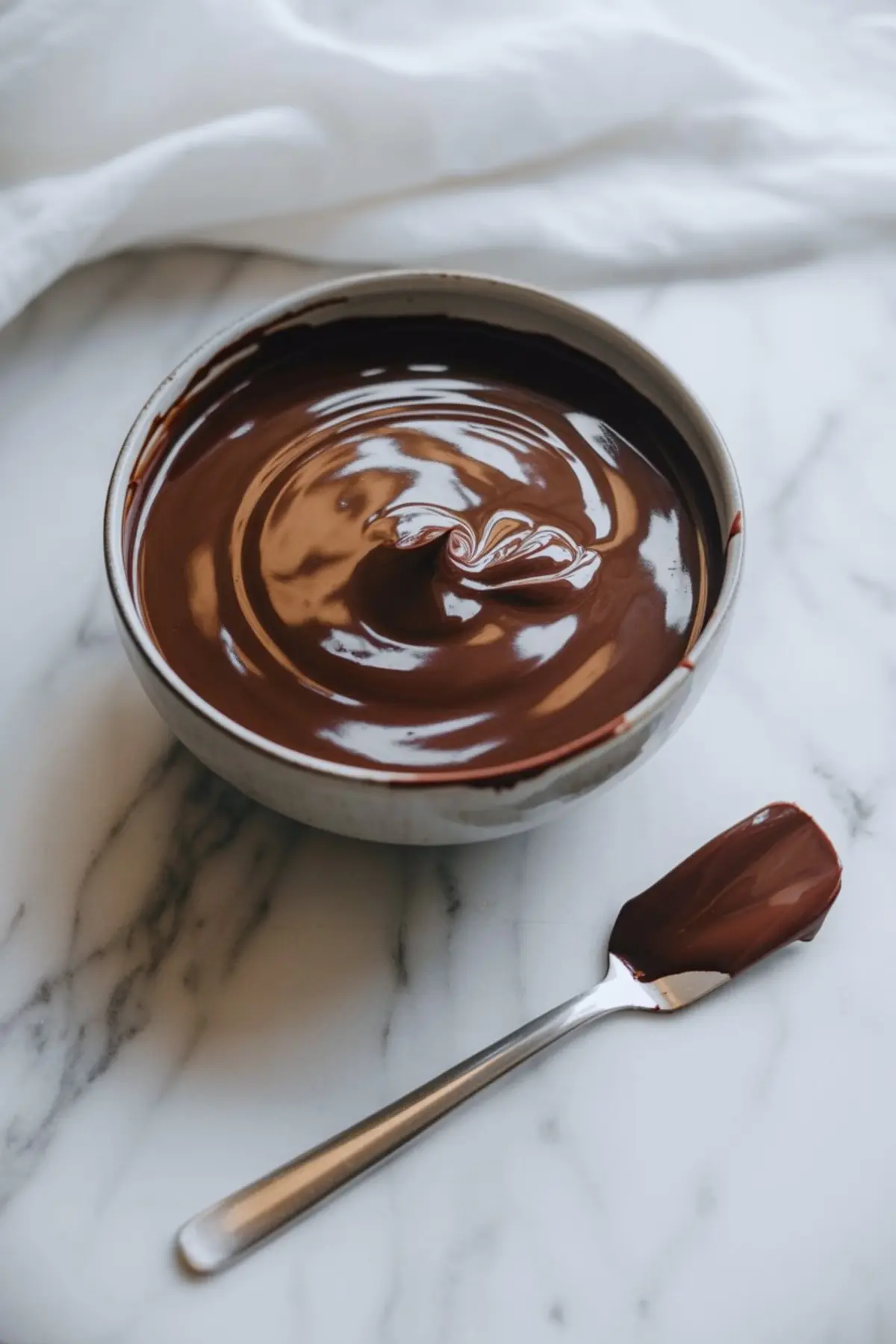 Bowl of glossy chocolate ganache with a swirl pattern, placed on a marble countertop alongside a spatula coated in ganache.