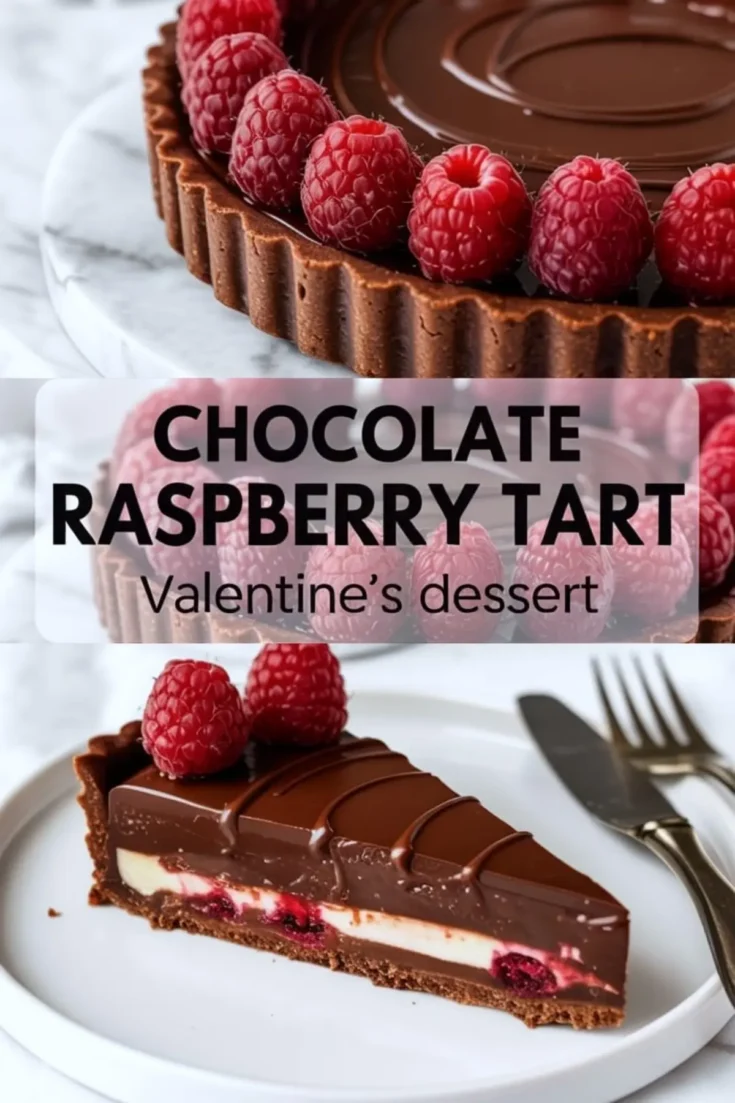 Chocolate raspberry tart with Valentine’s dessert theme, featuring a close-up of glossy ganache tart with raspberries and a plated slice showing raspberry and cream filling; text overlay reads “Chocolate Raspberry Tart Valentine’s dessert”.
