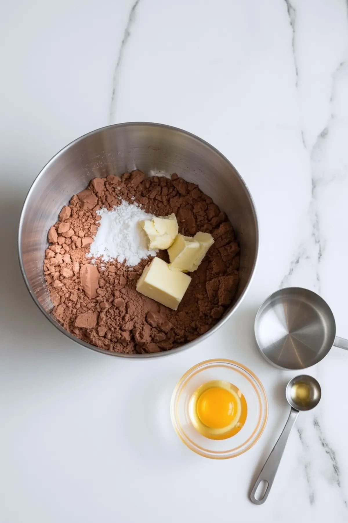 Overhead view of chocolate tart dough ingredients in a mixing bowl, including cocoa powder, butter, and powdered sugar, with egg yolk, vanilla, and measuring tools arranged on a white marble surface.