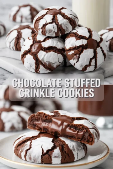 Collage featuring stacked chocolate crinkle cookies with crackled powdered tops and molten chocolate centers, paired with a close-up of a halved cookie oozing melted chocolate on a white plate.