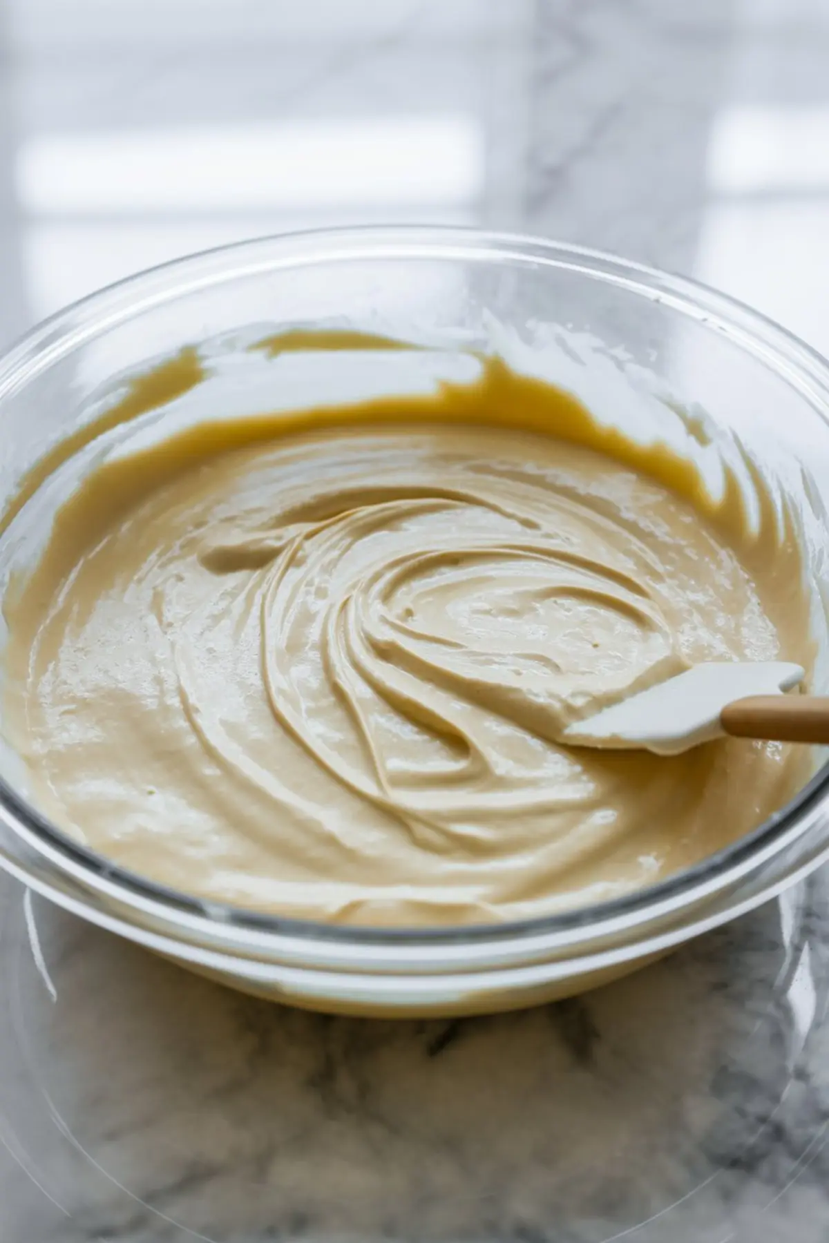 A glass mixing bowl filled with smooth, creamy cheesecake batter being stirred with a white silicone spatula on a marble countertop.
