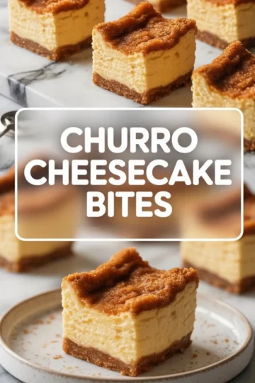 Vertical collage featuring individual churro cheesecake squares with thick layers of creamy cheesecake and cinnamon-sugar crust, served on marble and ceramic surfaces, labeled “Churro Cheesecake Bites.”