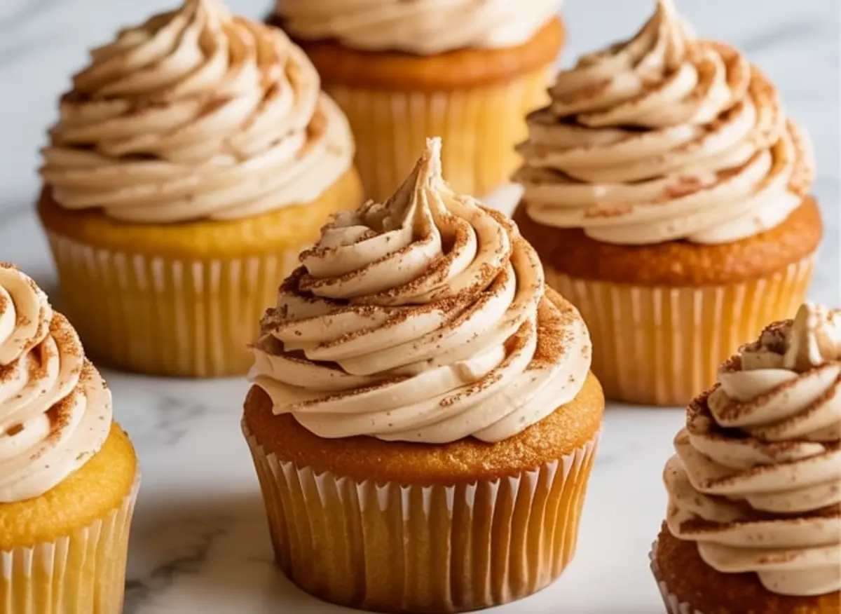 Golden vanilla cupcakes with tall swirls of cinnamon buttercream frosting, topped with a light dusting of ground cinnamon, arranged on a white marble surface.
