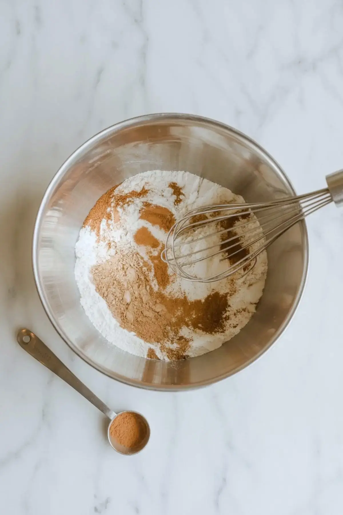 Smooth cupcake batter in a metal bowl with a wooden spatula, placed beside a glass of milk and a metal measuring cup filled with flour on a marble surface.

