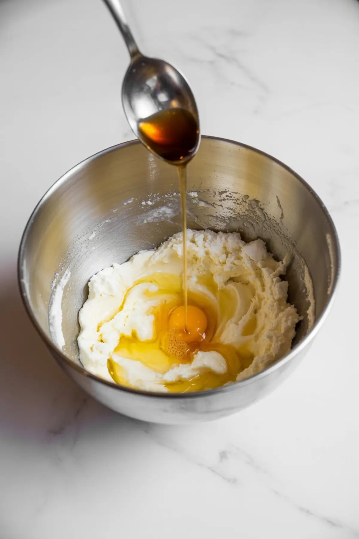 Butter, sugar, egg, and vanilla extract being mixed in a stainless steel bowl, with vanilla poured from a spoon over the egg yolk and creamed mixture.
