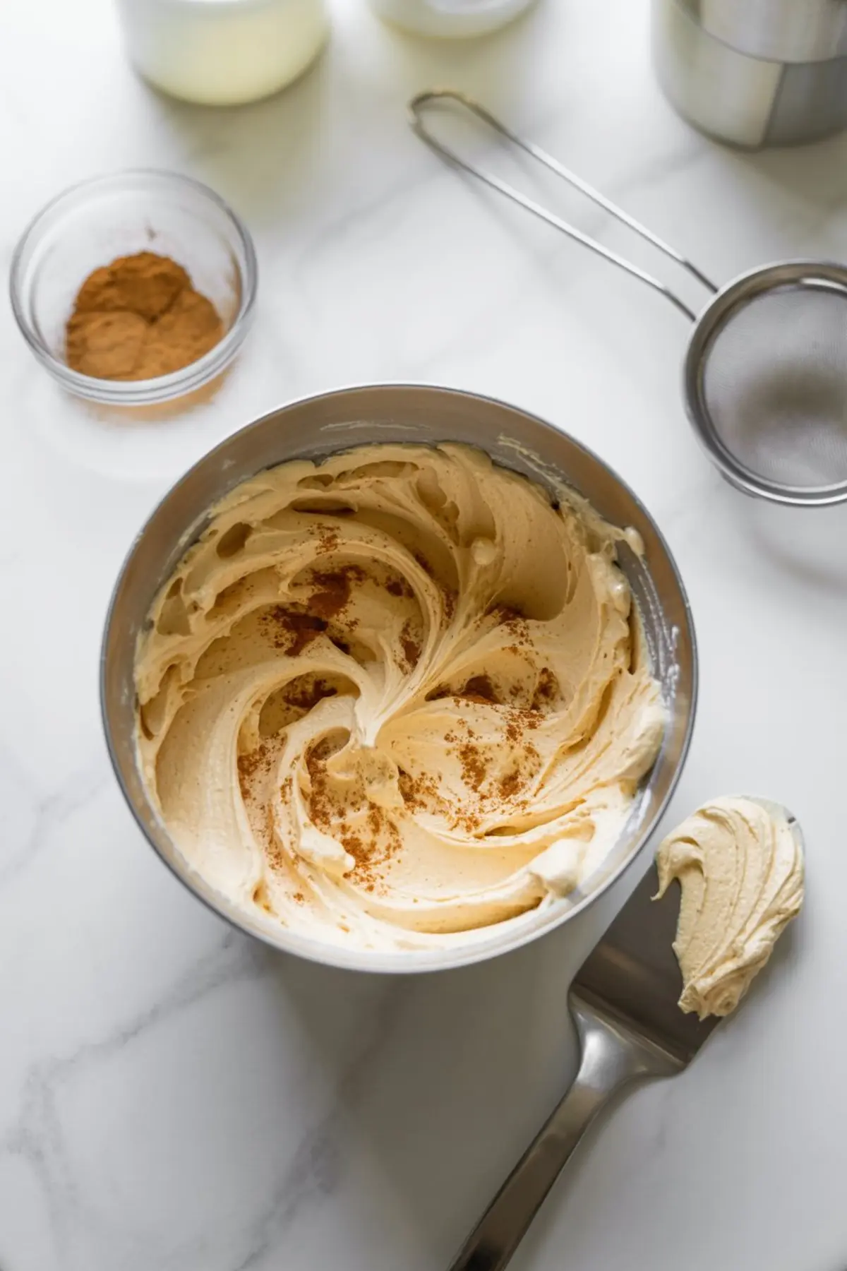 Creamy cinnamon frosting in a mixing bowl, lightly dusted with ground cinnamon, surrounded by baking tools including a sifter and a bowl of cinnamon powder.
