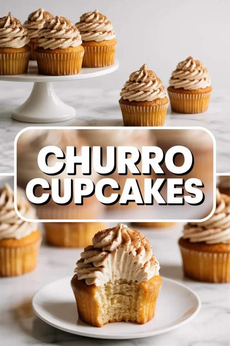 Churro cupcakes displayed on a cake stand and plate with cinnamon frosting, featuring text overlay reading churro cupcakes and a bitten cupcake center.