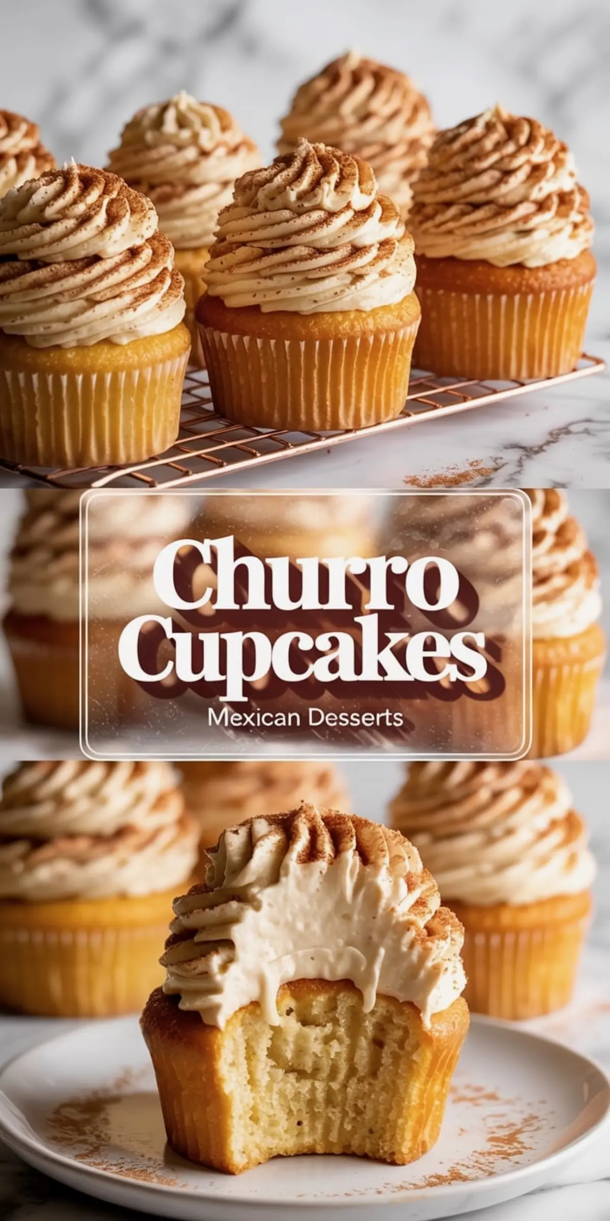 Frosted churro cupcakes on a cooling rack and plate, decorated with cinnamon dust, with centered text “Churro Cupcakes - Mexican Desserts” in a rounded frame.
