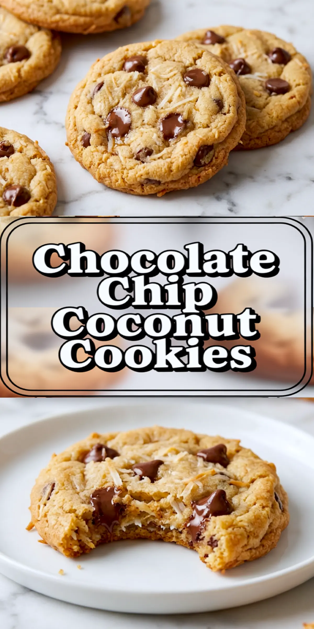 Vertical collage showing freshly baked chocolate chip coconut cookies on a marble surface, a bold center label reading “Chocolate Chip Coconut Cookies,” and a close-up of a single cookie with a gooey chocolate center and shredded coconut on a white plate.
