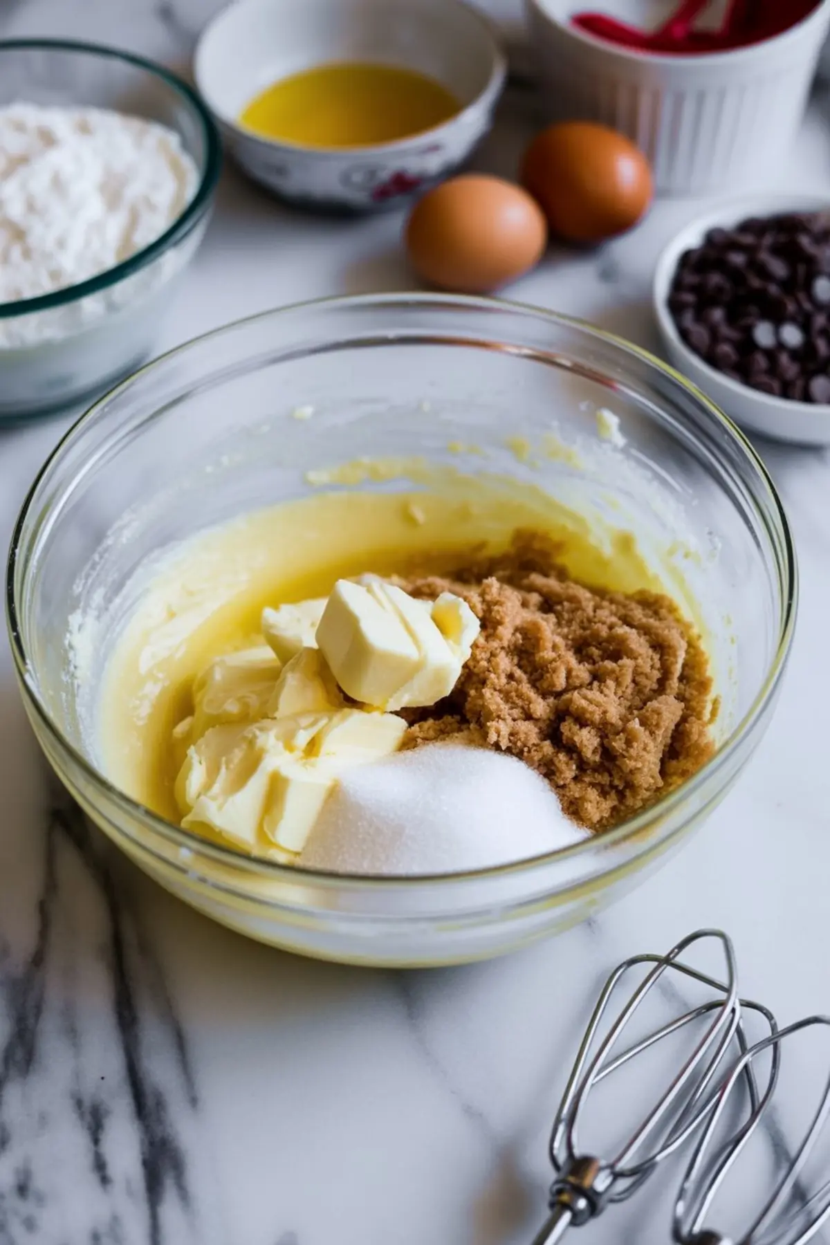 Glass mixing bowl with softened butter, brown sugar, and white sugar on a marble counter, surrounded by bowls of flour, melted butter, chocolate chips, and eggs for baking cookie dough.
