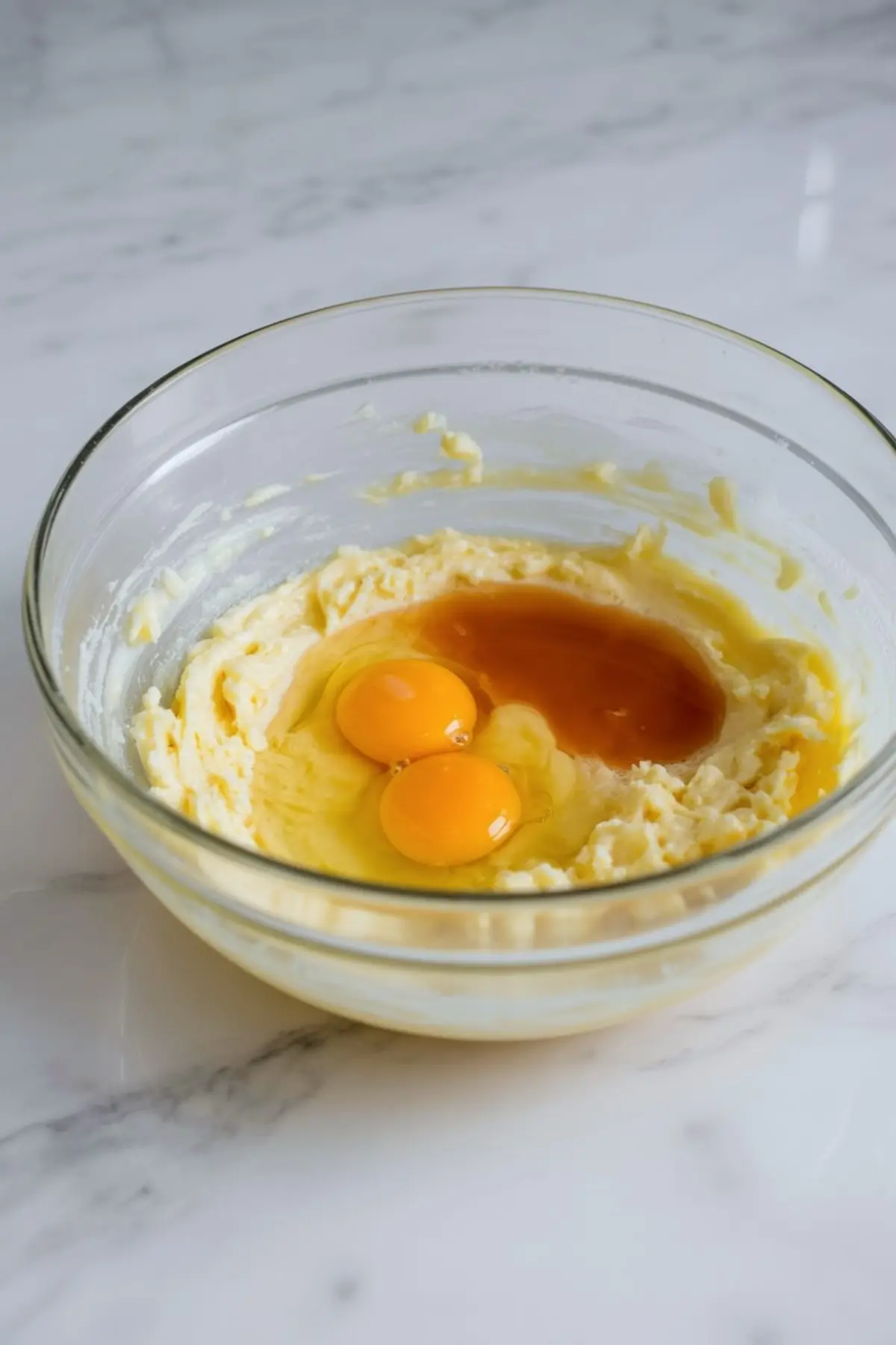 Clear mixing bowl filled with creamed butter and sugar, topped with two raw eggs and vanilla extract, ready to be blended for homemade cookie batter.

