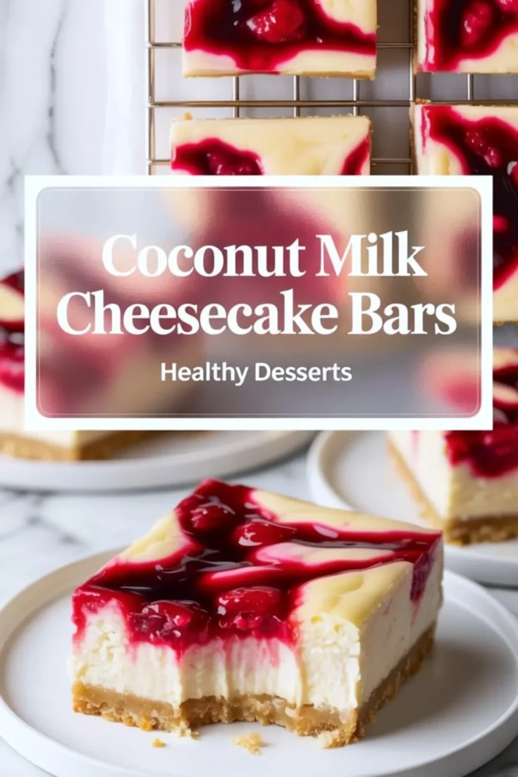 Square coconut milk cheesecake bars with a golden graham cracker crust and vibrant cherry swirl topping, displayed on white plates and a cooling rack, styled with a clean and minimal marble background.