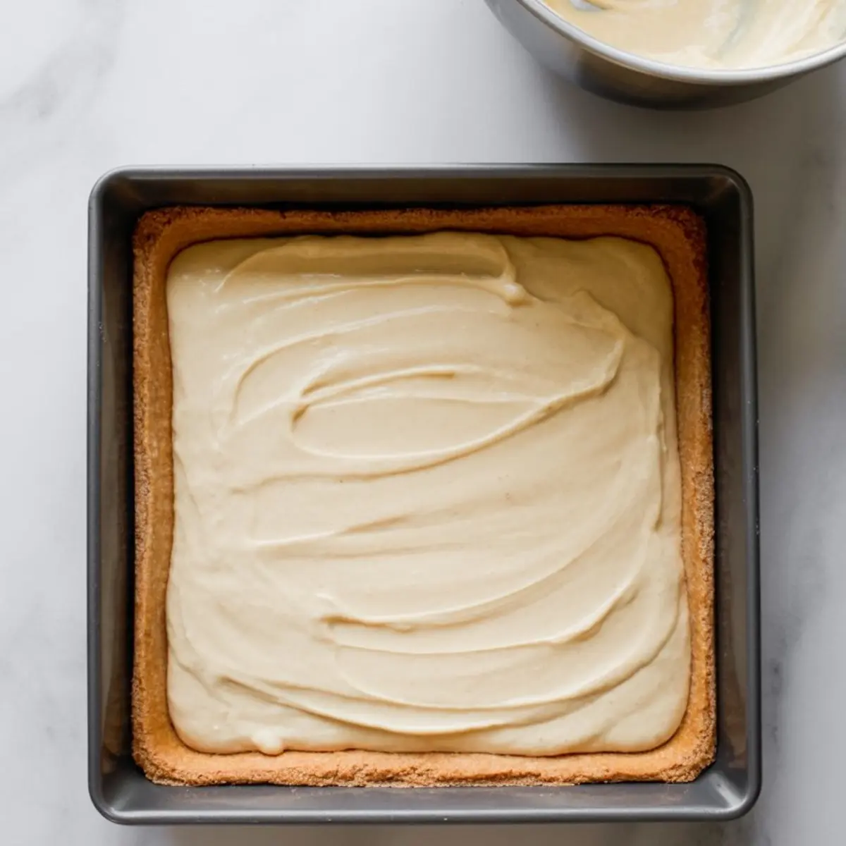 Square metal baking pan filled with creamy cheesecake batter spread evenly over a prebaked graham cracker crust, resting on a marble countertop.