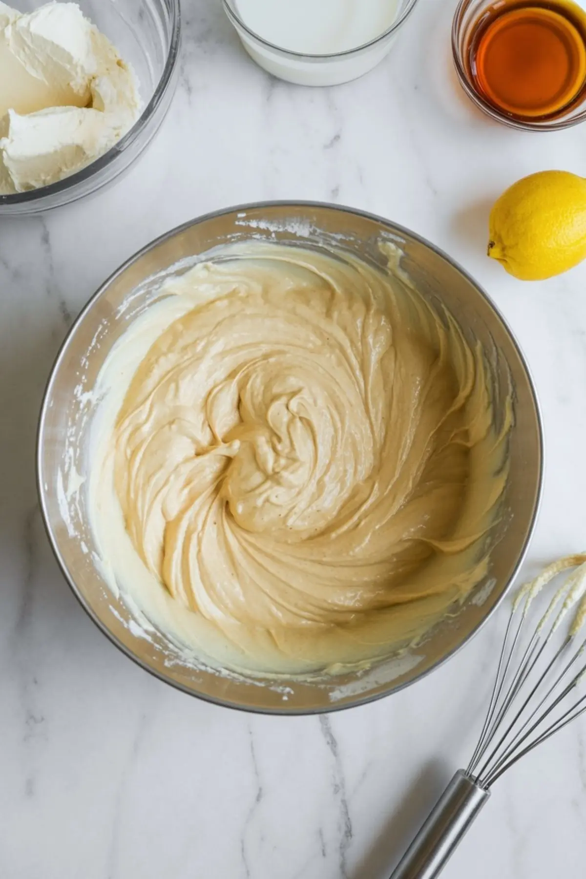 Metal mixing bowl filled with thick coconut milk cheesecake batter, surrounded by bowls of cream cheese, maple syrup, and milk, with a lemon and wire whisk arranged nearby on a white marble surface.