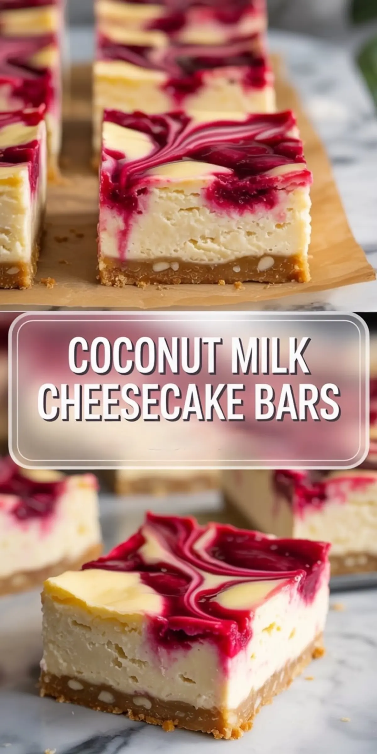 Top and angled views of coconut milk cheesecake bars on a parchment-lined surface, featuring a creamy filling and swirled berry compote topping with a nutty crust, styled with sharp text overlay for Pinterest.