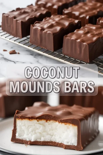Collage of rectangular coconut mounds bars cooling on a wire rack and displayed on a plate, featuring smooth, shiny chocolate coating and dense, white coconut centers, captured on a marble kitchen countertop.