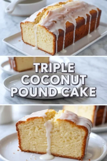 Glazed coconut pound cake loaf with thick icing dripping down the sides. Dense and creamy interior with golden brown crust. Text overlay features bold “Triple Coconut Pound Cake” lettering.