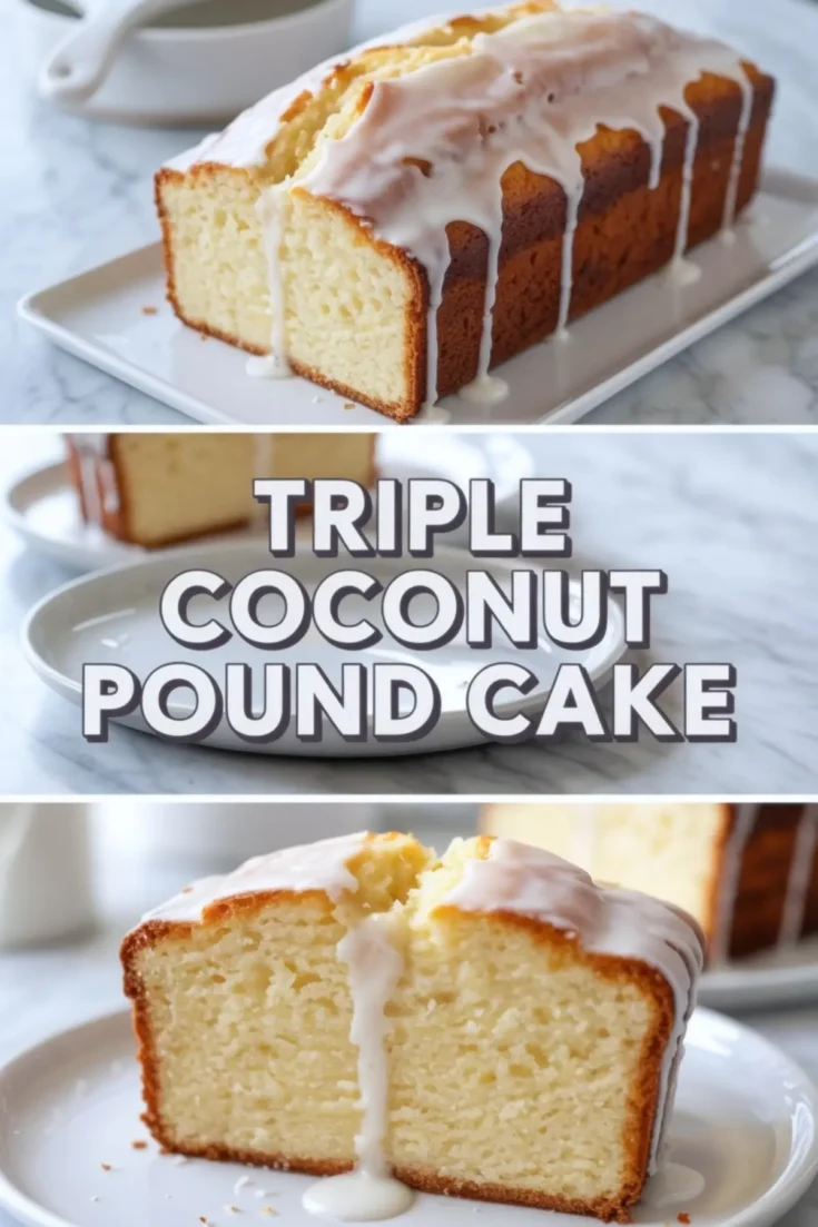 Glazed coconut pound cake loaf with thick icing dripping down the sides. Dense and creamy interior with golden brown crust. Text overlay features bold “Triple Coconut Pound Cake” lettering.