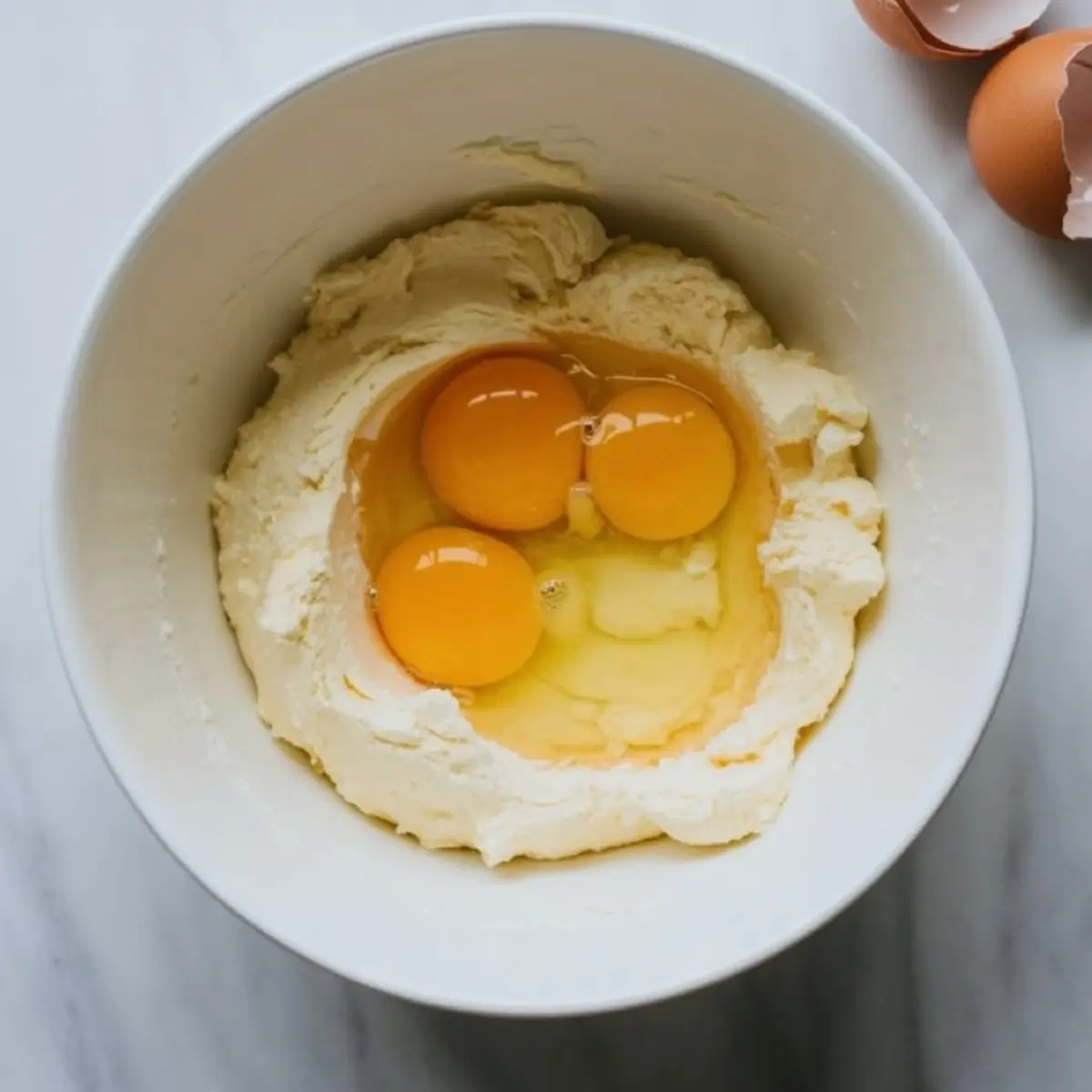 Mixing bowl with three raw egg yolks cracked into creamed butter and sugar, ready for blending in cake batter preparation.
