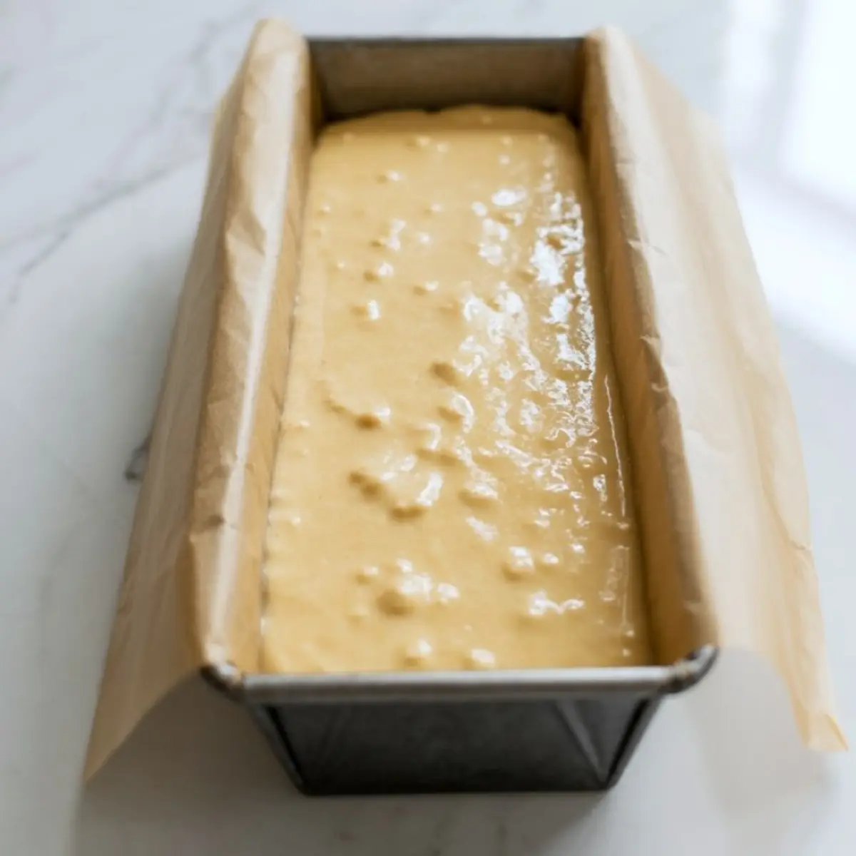Cake batter poured into a parchment-lined loaf pan, ready to be baked into coconut pound cake.
