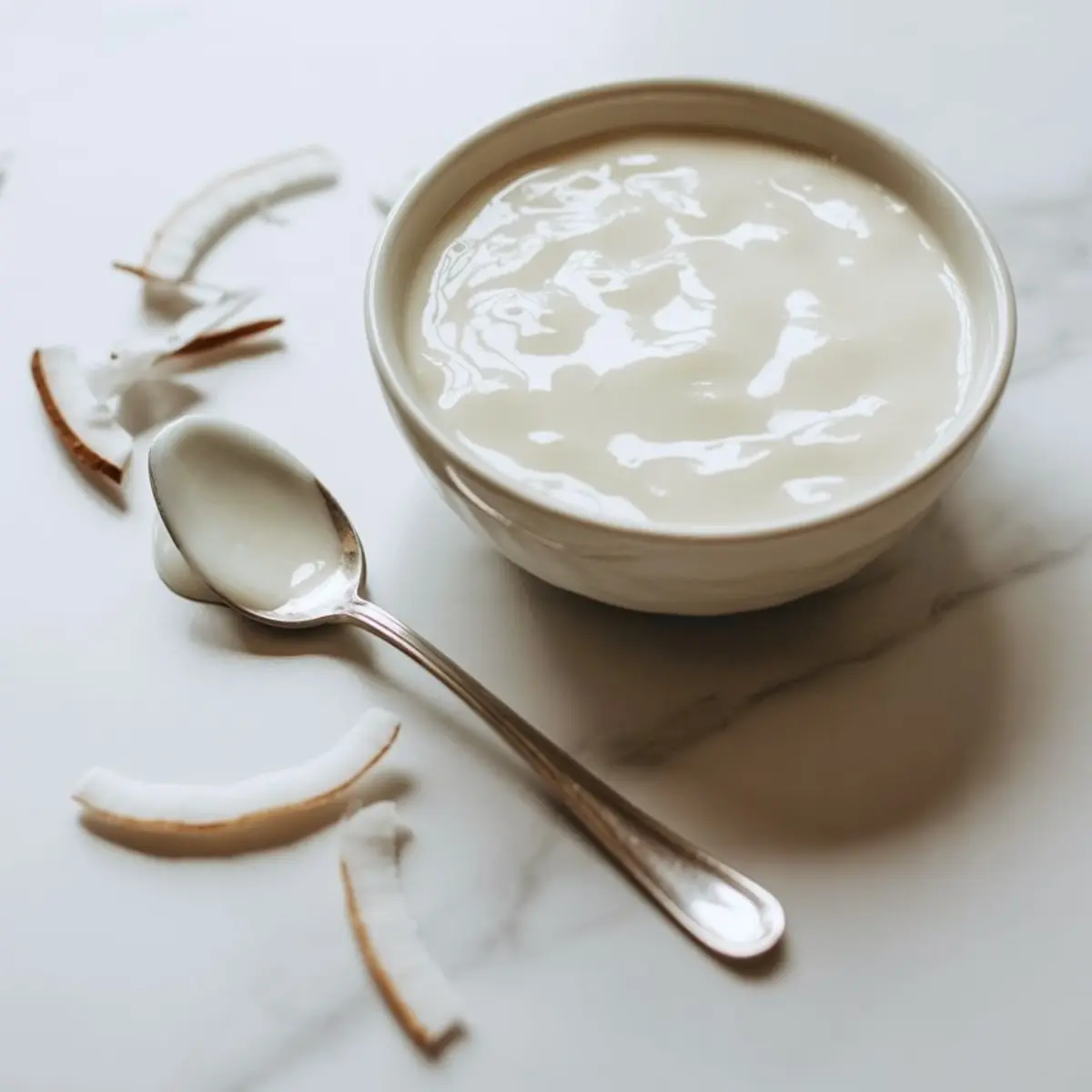 Bowl of creamy coconut milk yogurt with a silver spoon, surrounded by fresh coconut slices on a white surface.
