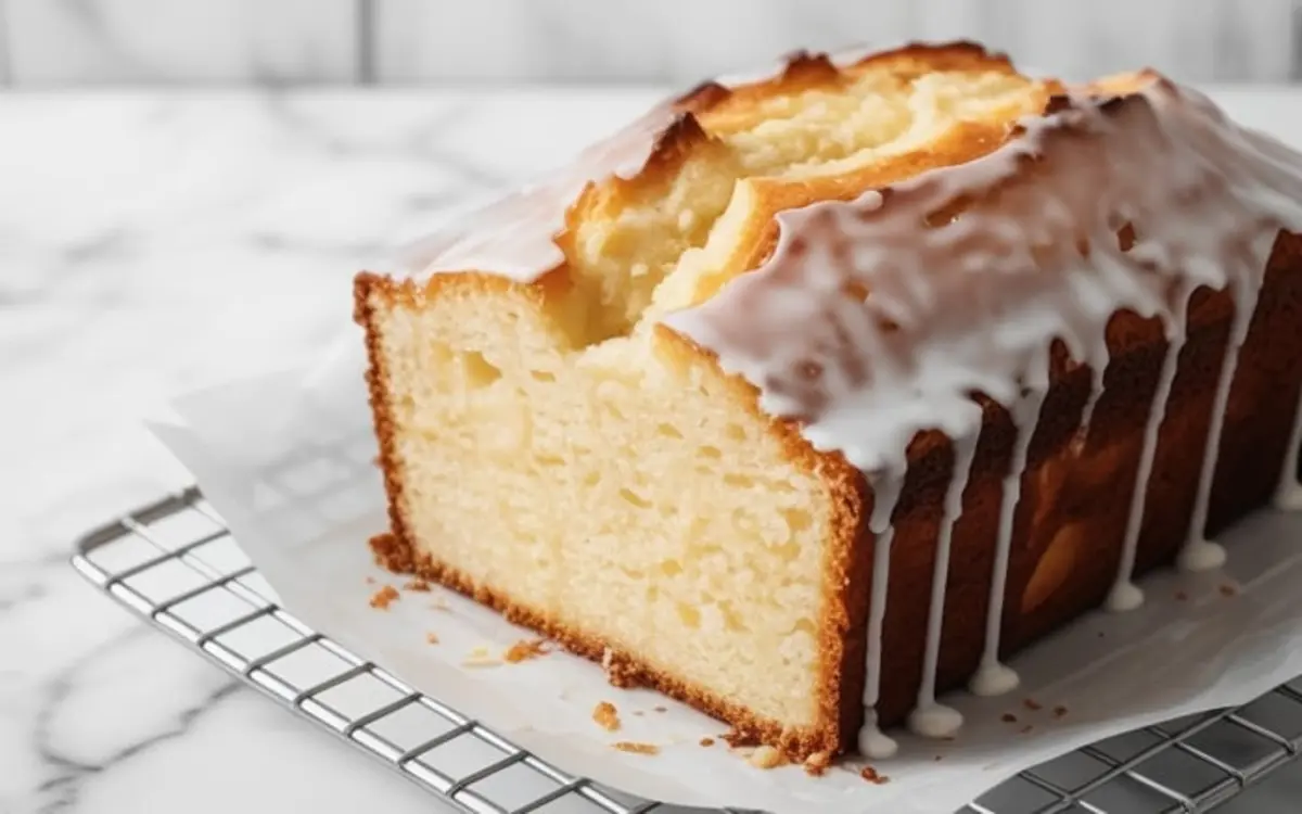 Freshly baked coconut pound cake cooling on a wire rack, topped with glossy coconut glaze and featuring a moist, airy interior.
