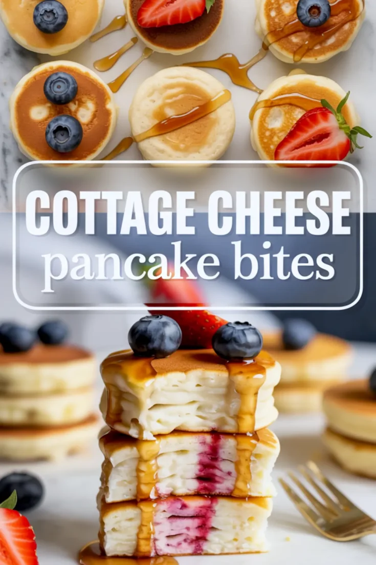 Collage image of cottage cheese pancake bites. The top section shows mini pancakes with golden tops, syrup, and berries, while the bottom section features a tall stack with a syrup drizzle and a pink berry filling inside the center pancakes.
