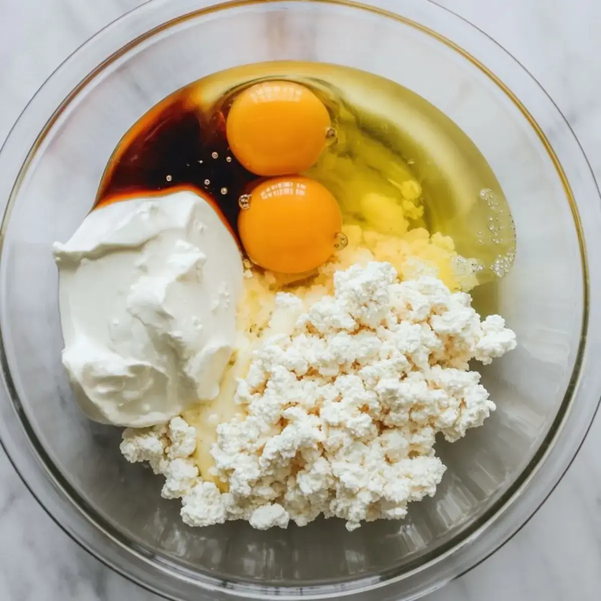 Clear glass mixing bowl holding cottage cheese, Greek yogurt, two egg yolks, and vanilla extract, ready to be mixed for pancake batter.
