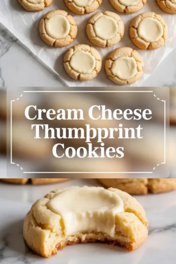 Vertical collage shows cream cheese thumbprint cookies arranged on parchment paper at the top and a close-up of a bitten cookie with smooth cream cheese filling at the bottom, with centered text overlay reading “Cream cheese thumbprint cookies.”