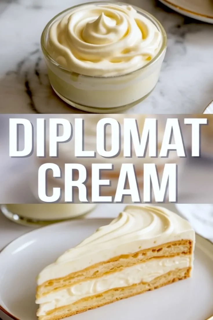 Small glass bowl filled with thick diplomat cream is paired with a clean slice of layered cake featuring a fluffy cream filling. The middle showcases “DIPLOMAT CREAM” text, blending step visuals with final dessert inspiration.