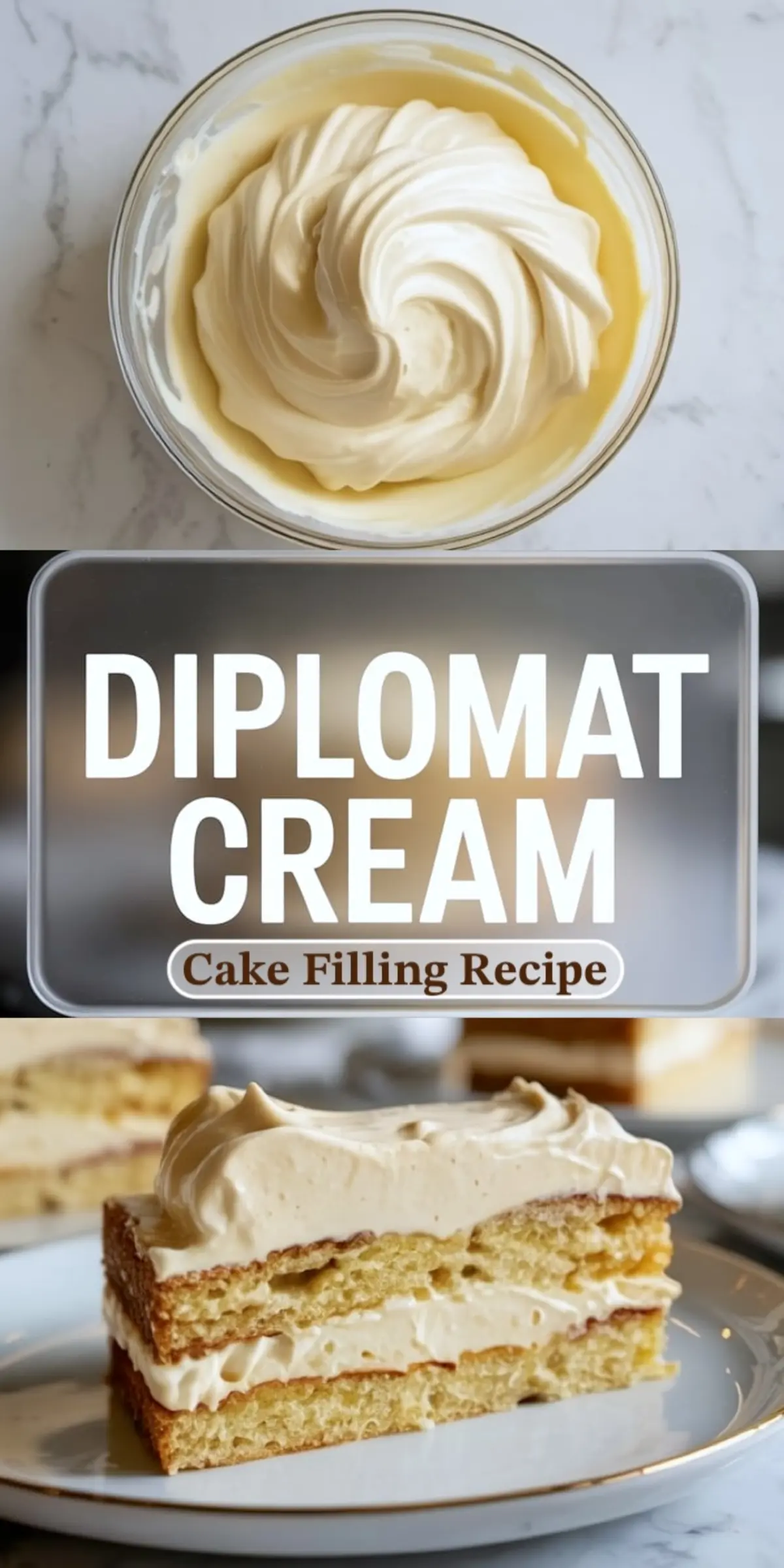 Top-down view of diplomat cream with whipped texture in a glass bowl above a plate with a golden sponge cake layered and frosted with the same cream. The middle banner reads “DIPLOMAT CREAM Cake Filling Recipe,” ideal for recipe-focused pins.
