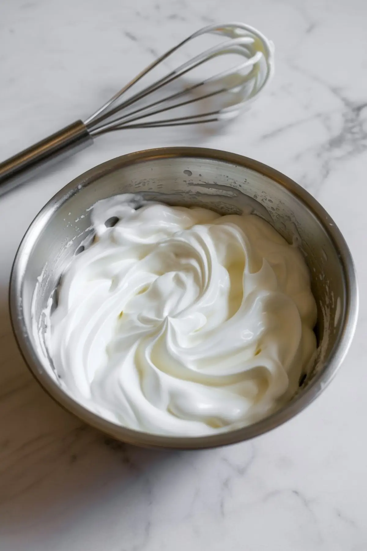Stiff peaks of freshly whipped cream swirl inside a metal mixing bowl, with a used whisk resting nearby on a white marble countertop.