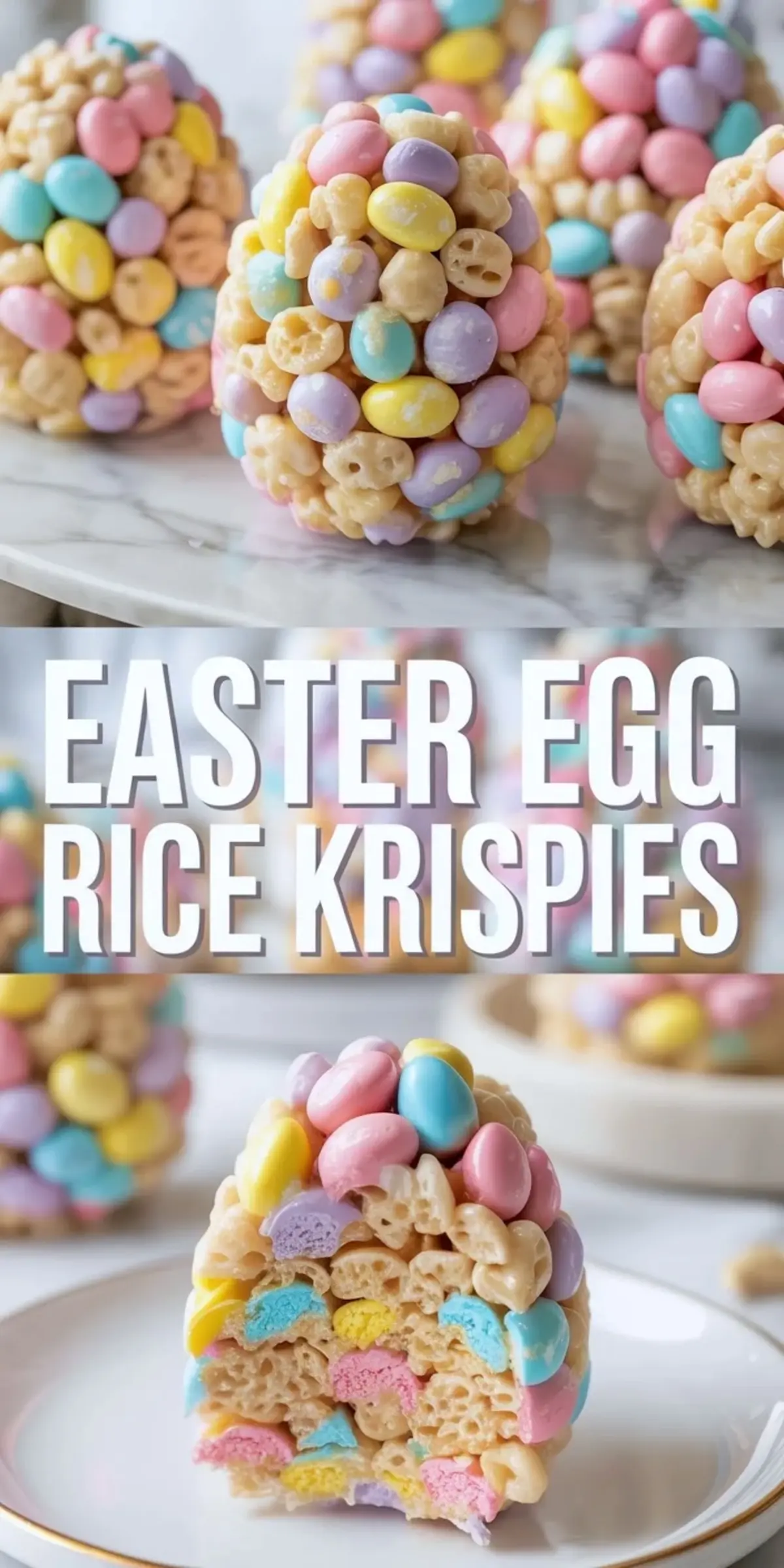 Close-up of pastel candy-covered Easter egg rice krispie treats with a clear view of the colorful cereal interior in a sliced piece. Text overlay in bold font reads “Easter Egg Rice Krispies.”