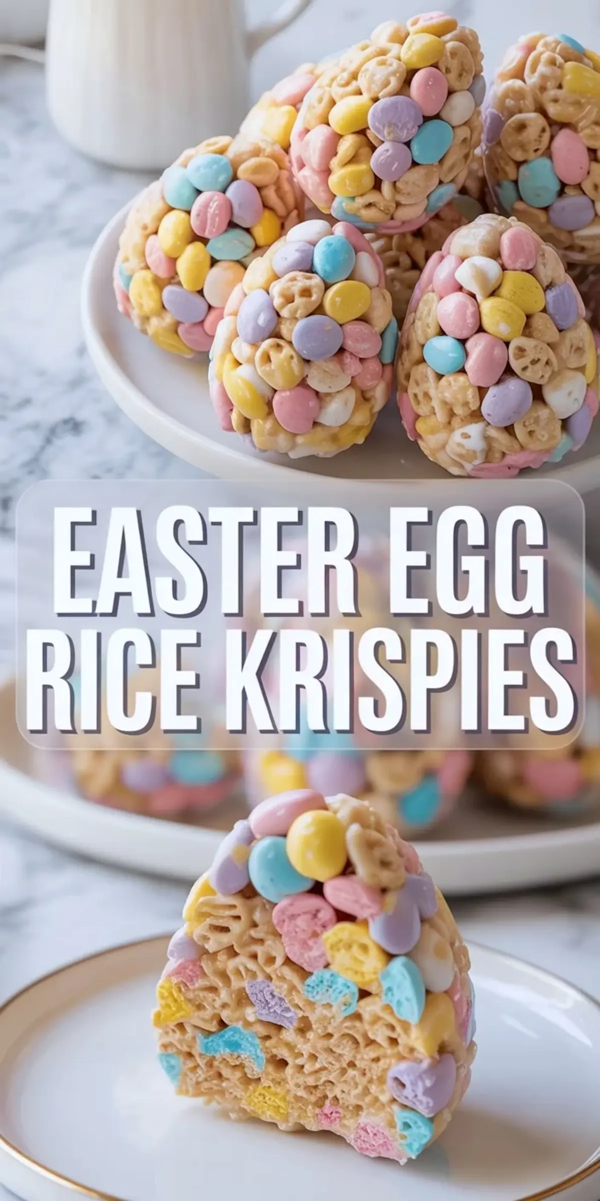 Decorative Easter egg rice krispie treats made with pastel candy pieces and cereal are displayed on a cake stand. A sliced treat reveals the layered, colorful candy interior. Bold text overlay reads “Easter Egg Rice Krispies.”