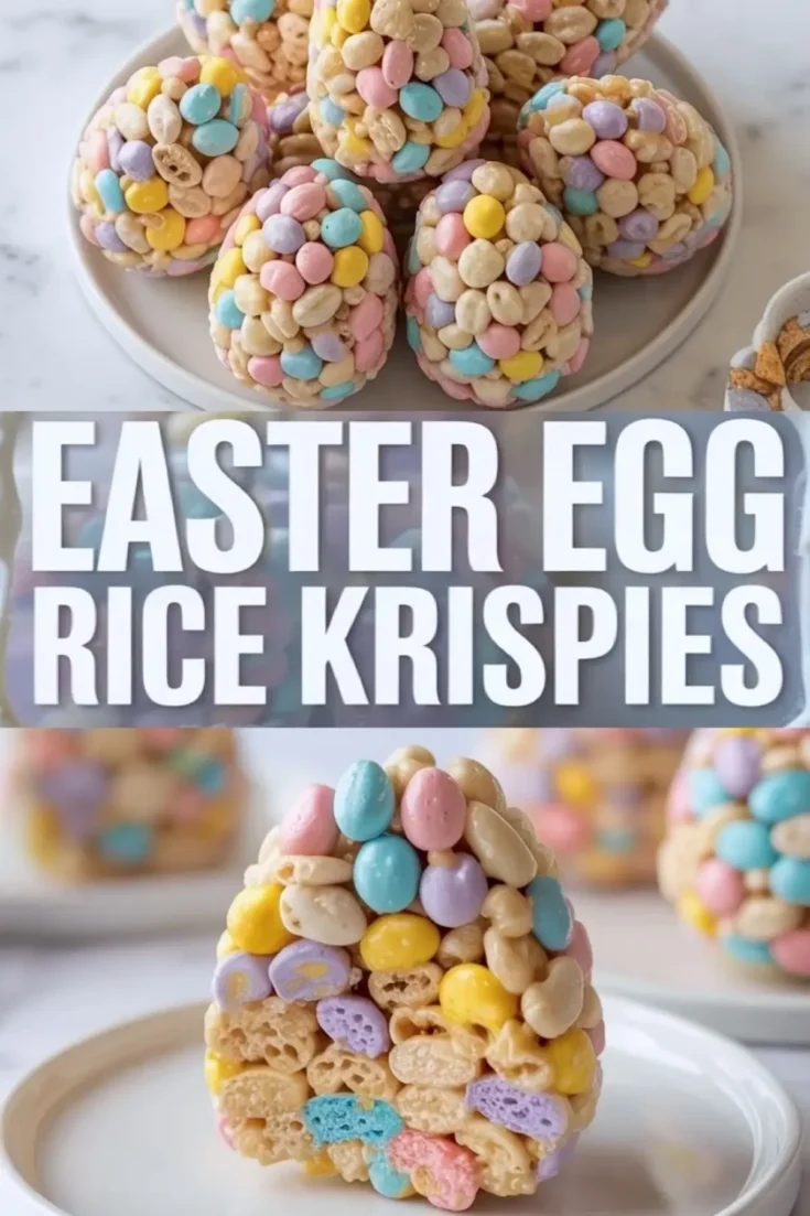 Easter egg-shaped rice krispie treats coated in pastel candy shells are stacked on a white plate, with a cross-section showing colorful layers of cereal and candy. Bold text overlay reads “Easter Egg Rice Krispies.”