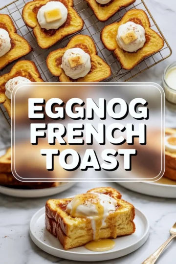 Several slices of eggnog French toast topped with whipped cream and butter laid out on a wire rack. Bottom view shows a syrup-covered piece on a white plate with golden brown edges and soft center.