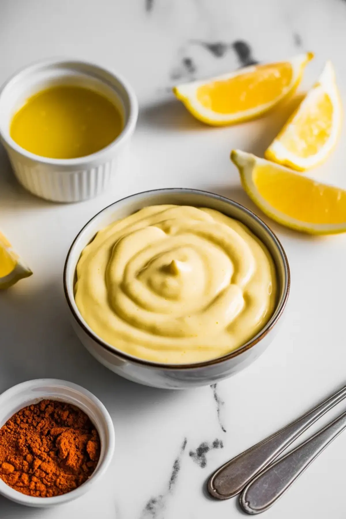 Bowl of creamy homemade hollandaise sauce on a white marble surface, surrounded by lemon wedges, a small dish of melted butter, and a ramekin of ground paprika.