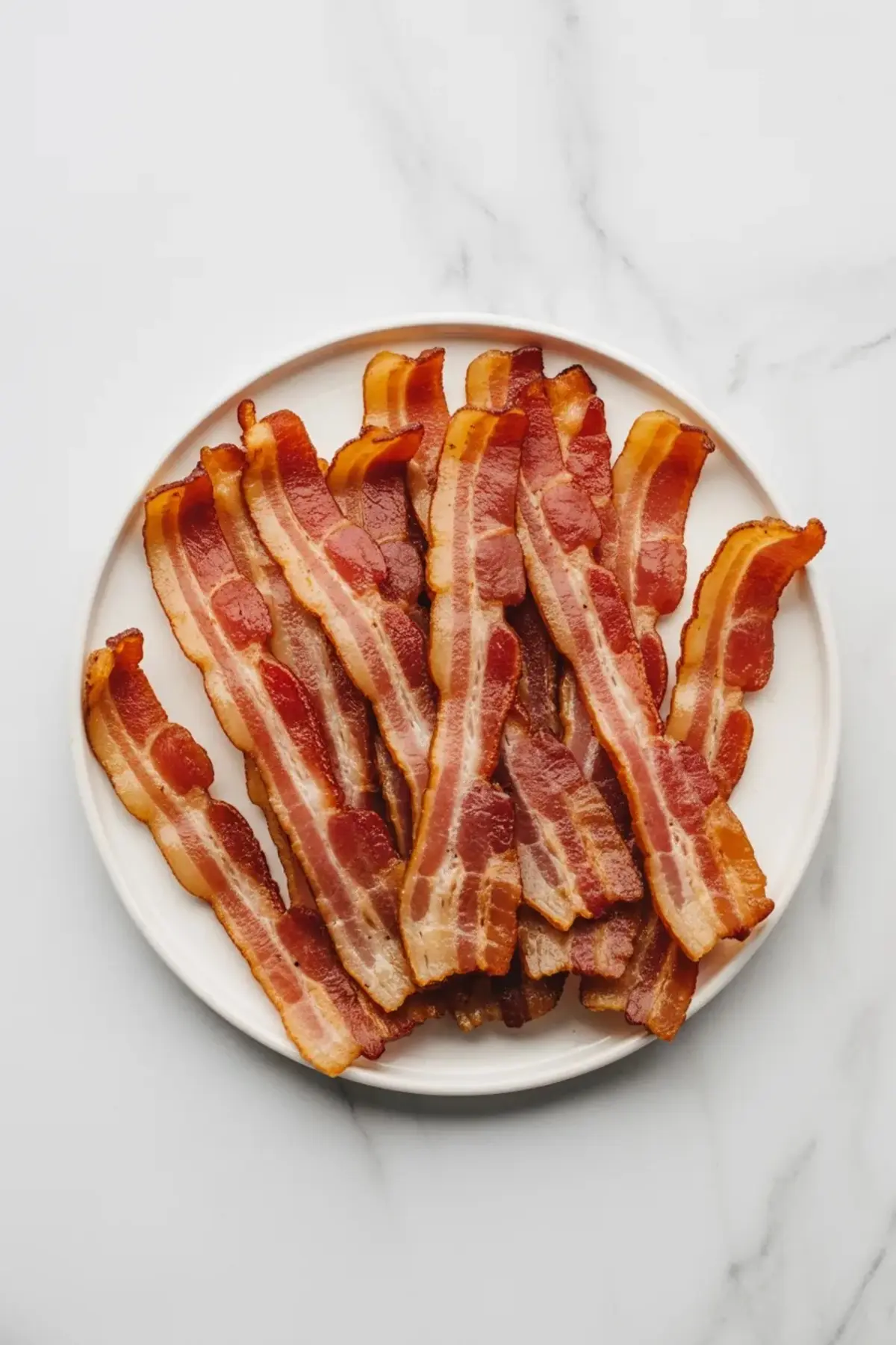 Plate filled with crispy cooked bacon strips on a white marble background, showcasing rich golden-brown edges and savory texture.