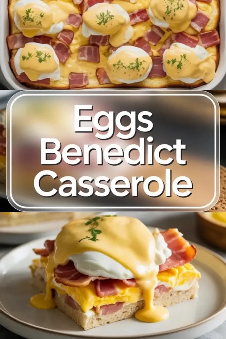 Vertical collage featuring a golden-baked eggs benedict casserole with visible ham chunks, poached eggs, and creamy hollandaise sauce, with a close-up of a plated serving topped with fresh parsley and overlaid text reading “Eggs Benedict Casserole.”