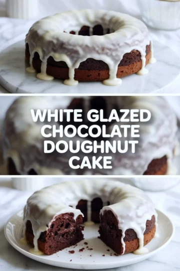 White glazed chocolate doughnut cake presented whole and sliced on a white marble plate, topped with smooth white icing dripping down the sides, showing a moist chocolate crumb inside.