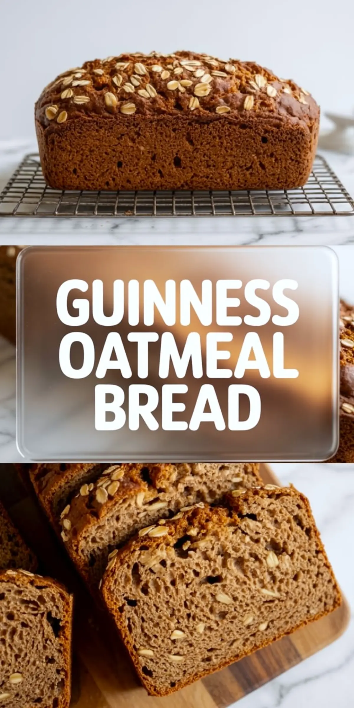 Guinness oatmeal bread loaf topped with rolled oats, shown cooling on a wire rack and sliced on a wooden board, highlighting its soft, dense crumb and hearty texture ideal for beer bread recipes and homemade artisan bread pins.
