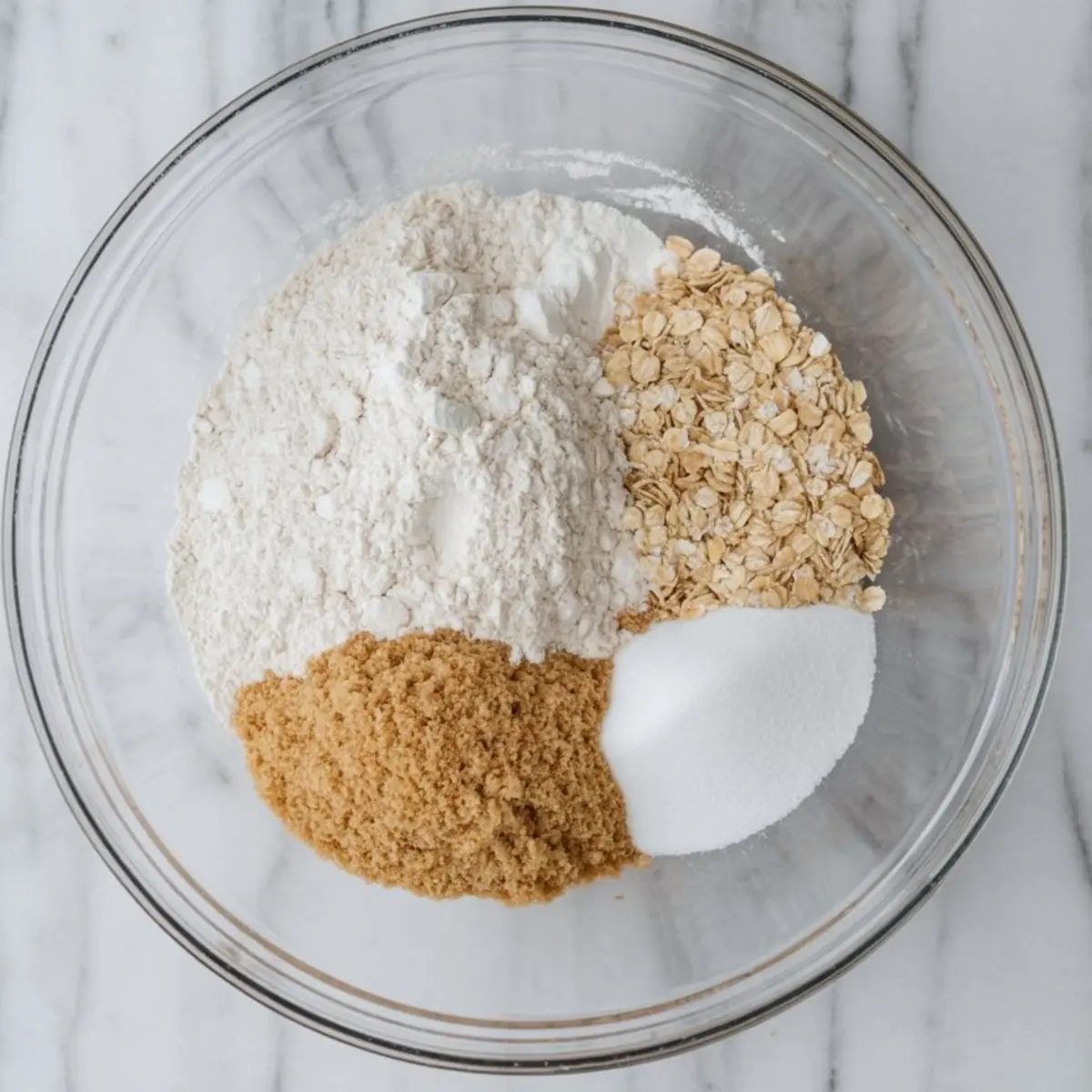 Glass mixing bowl with brown sugar, granulated sugar, rolled oats, baking soda, and all-purpose flour arranged in separate piles on a marble surface, capturing dry ingredients for Guinness oatmeal bread preparation.
