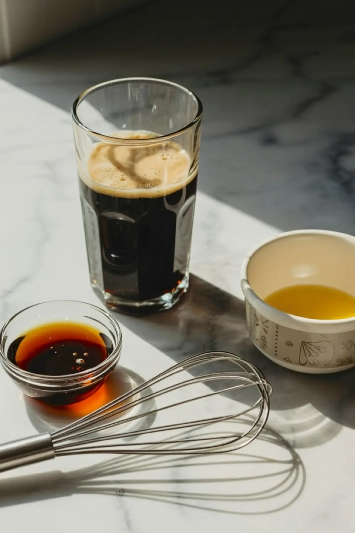 Glass of dark stout beer, small bowl of molasses, and bowl of oil beside a stainless steel whisk on a marble countertop, showing liquid ingredients for baking Guinness oatmeal bread.
