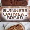 Front view of Guinness oatmeal bread loaf with cracked crust and oat topping, bold “Guinness oatmeal bread” label, and a slice on a white plate, emphasizing texture, density, and homemade charm of this easy beer bread recipe.
