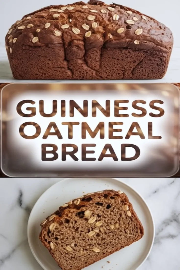 Front view of Guinness oatmeal bread loaf with cracked crust and oat topping, bold “Guinness oatmeal bread” label, and a slice on a white plate, emphasizing texture, density, and homemade charm of this easy beer bread recipe.