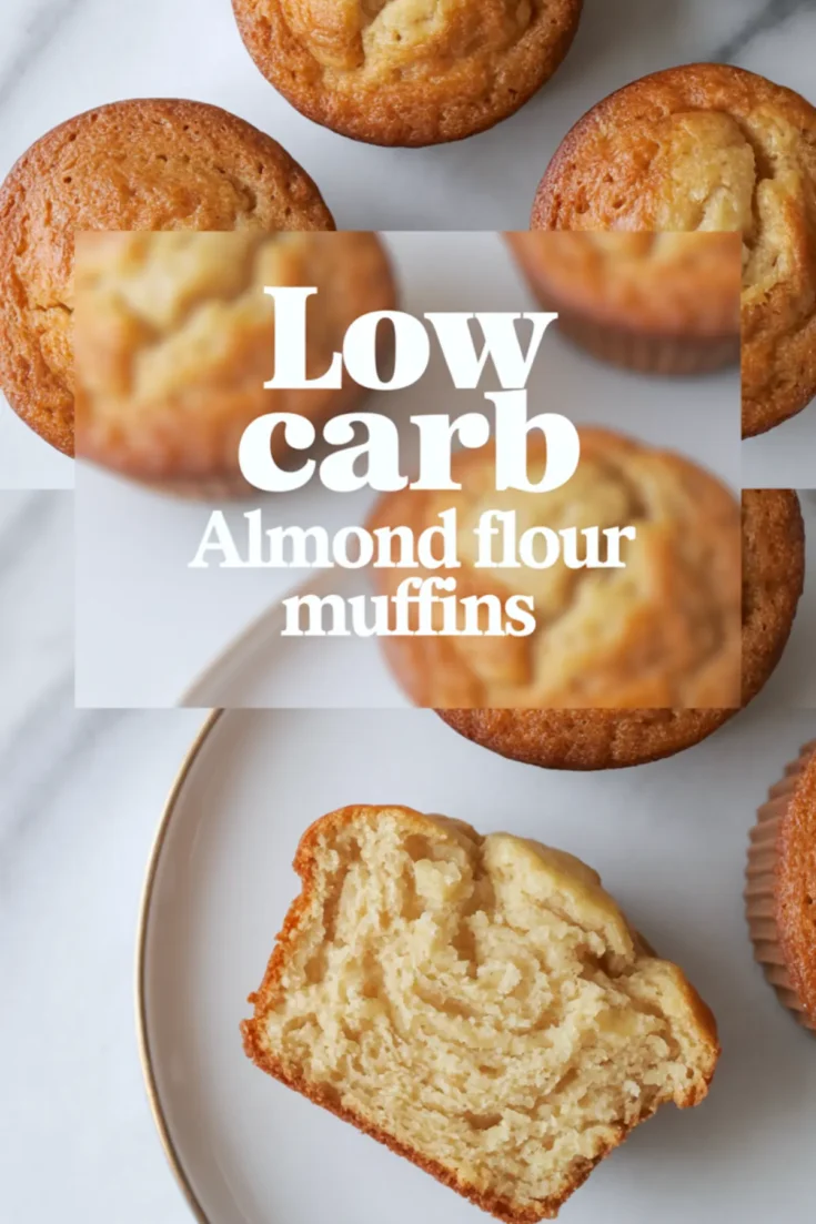 Collage with a centered “low carb almond flour muffins” text overlay, showing muffins arranged on a marble background with a sliced piece displayed on a white plate.