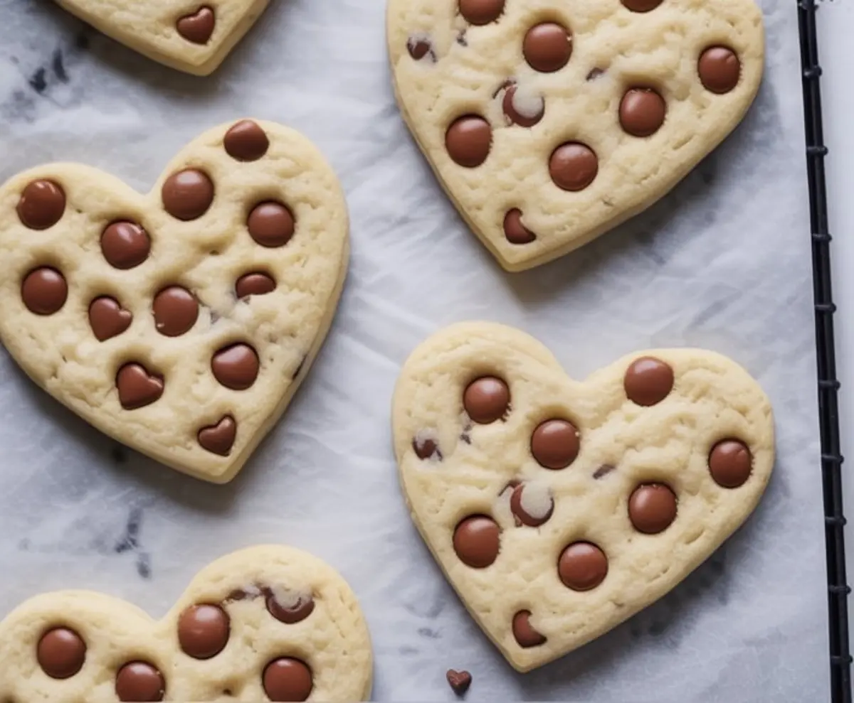 Heart-shaped chocolate chip cookies displayed on parchment paper, featuring a mix of round and heart-shaped chocolate chips pressed into soft sugar cookie dough.