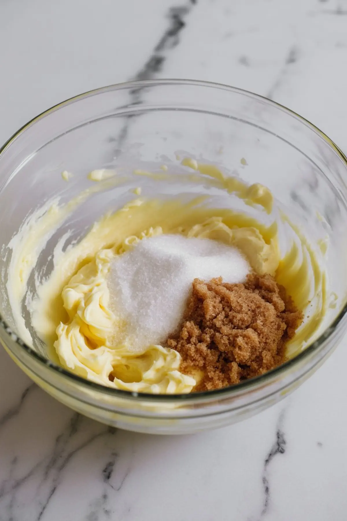 Glass mixing bowl with creamed butter, granulated sugar, and brown sugar on a white marble countertop, showing the beginning stages of cookie dough preparation.